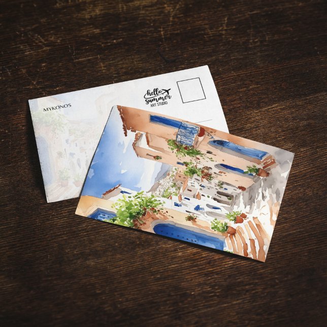 Carte postale Mykonos Grèce Watercolor (Créateur téléchargé)