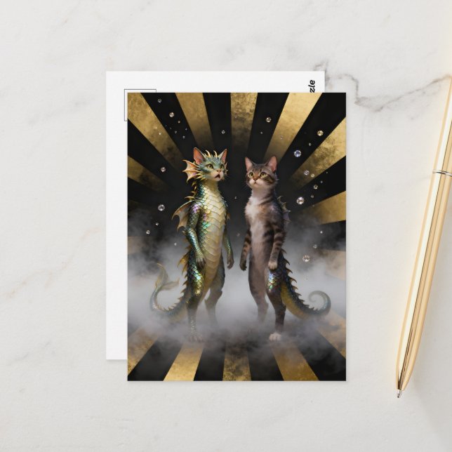 Carte Postale Mythical Cat-Dragon Creatures (Devant/Arrière en situation)