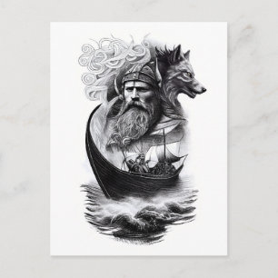 Carte Postale mythologie du nord Odin Fenriswolf et bateau vikin