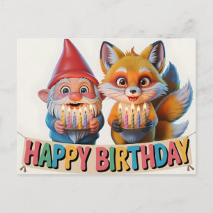 Carte Postale Nain de jardin souriant et anniversaire de renarde