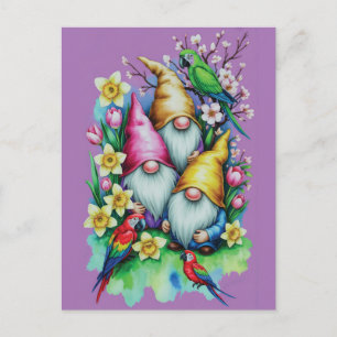 Carte Postale Nains de jardin avec perroquets et floraisons prin