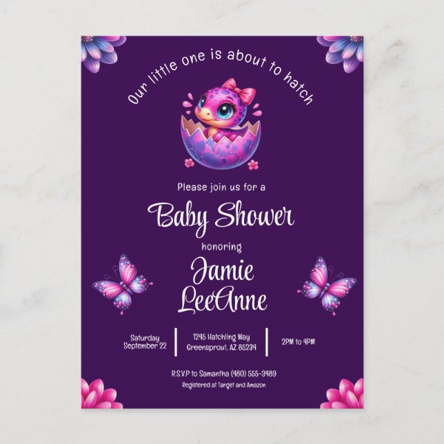 Carte Postale Naissance Imminente de Chic Dinosaure Violet Fête  (Devant)