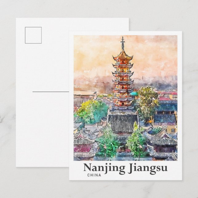 Carte Postale Nanjing Jiangsu Chine Aquarelle Dessin à la main (Devant / Derrière)