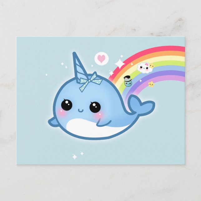 Carte Postale narval de Cute kawaii avec arc-en-ciel et étoiles  (Devant)
