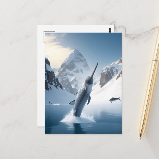 Carte Postale Narwhal sautant hors du lac (Devant/Arrière en situation)