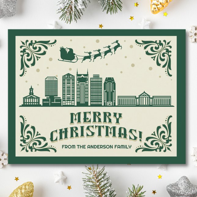 Carte postale Nashville, TN Skyline Christmas Holi (Nashville, TN skyline christmas card green modern merry christmas postcard with custom details)