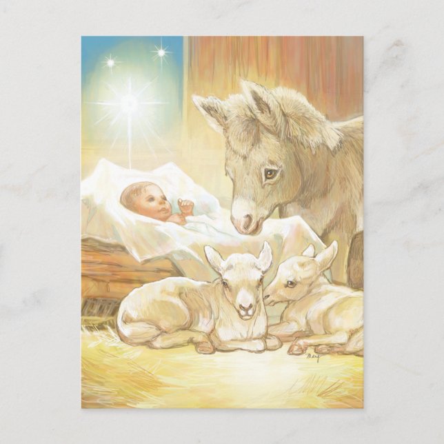 Carte Postale Nativité de Jésus de bébé avec les agneaux et (Devant)
