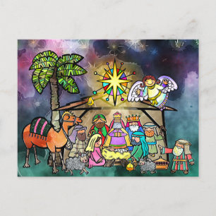 Carte Postale Nativité de Noël aquarelle Doodle Scène