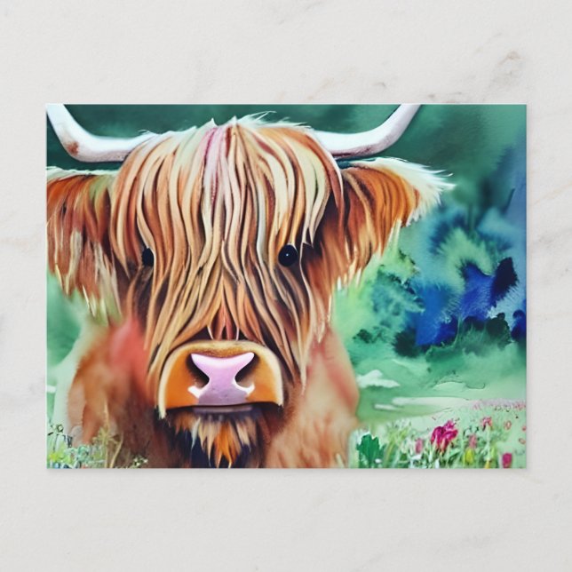 Carte Postale Nature Highland Cow aquarelle (Devant)