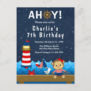 Carte Postale Nautical Girl Monkey Rouge et la marine fête d'ann