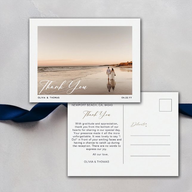 Carte Postale Nautical Navy Blue Beach Wedding Photo Merci (nautical navy beach wedding photo thank you postcard modern romantic elegant bohemian summer winter)