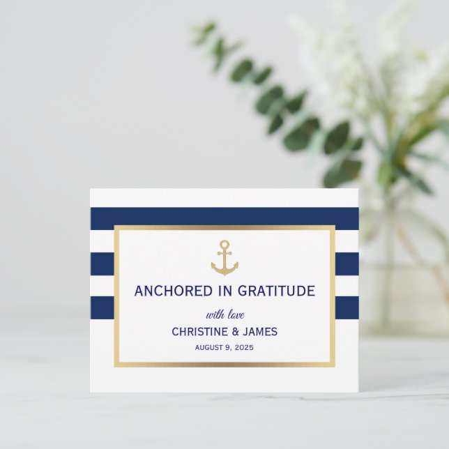 Carte Postale Nautical Navy Blue White Stripes Merci Mariage (Debout devant)