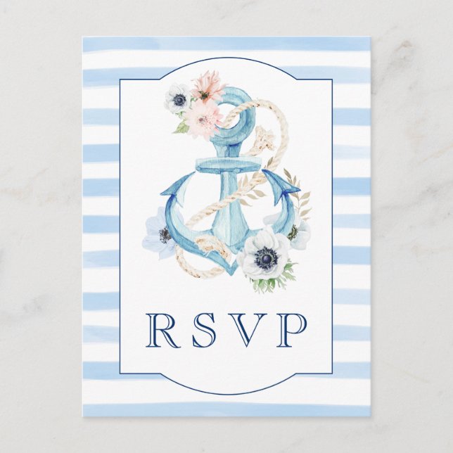 Carte Postale Nautique Floral Blue Stripes Plage Mariage RSVP (Devant)