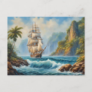 Carte Postale Navire à voile vintage près de l'île Tropical