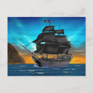 CARTE POSTALE NAVIRE PIRATE AU COUCHER DU SOLEIL