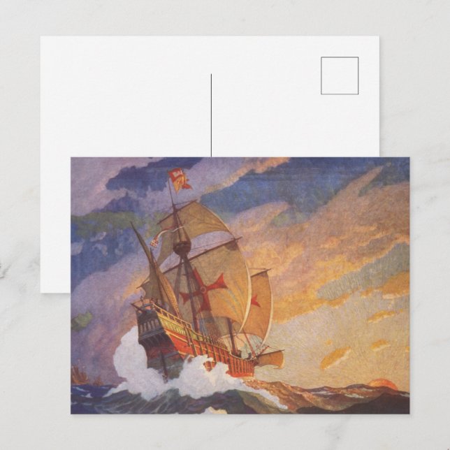 Carte Postale Navires de Christophe Colomb en mer par N.C. Wyeth (Devant / Derrière)