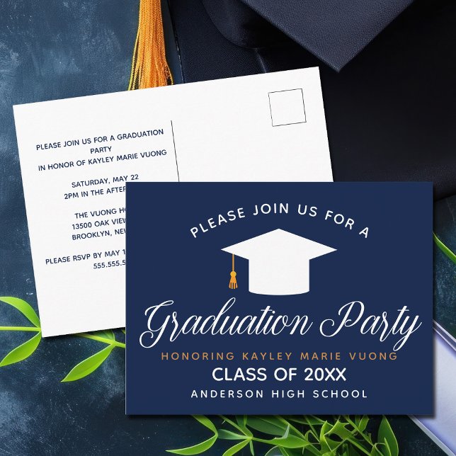 Carte Postale Navy Blue Graduation Chic Modern 2023 Custom Party (Créateur téléchargé)