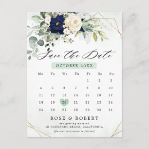 Carte Postale Navy Blush Floral Green Calendrier Enregistrer la