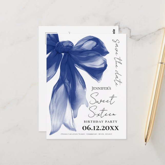 Carte Postale Navy Bow Coquette Sweet 16 Save the Date  (Devant/Arrière en situation)