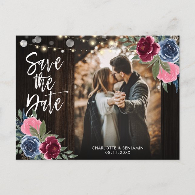 Carte Postale Navy Burgundy Blush Floral Photo Enregistrer La Da (Devant)