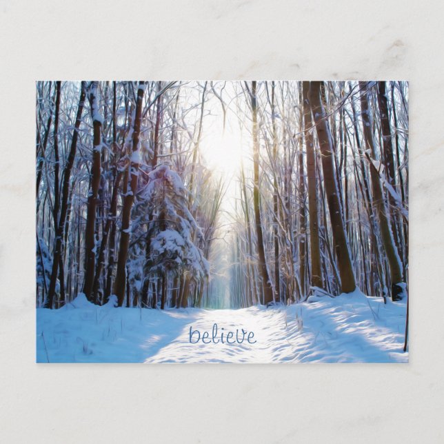 Carte Postale Neige et arbres avec poutres de soleil (Devant)