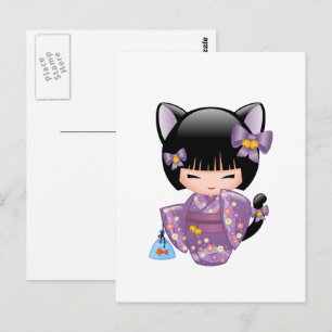 Carte Postale Neko Kokeshi Poupée - Cat Ears Geisha Girl
