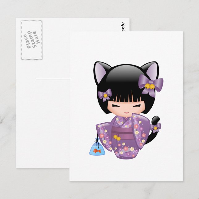 Carte Postale Neko Kokeshi Poupée - Cat Ears Geisha Girl (Devant / Derrière)