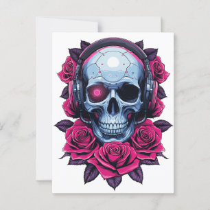Carte Postale Neon Cyber-mort crâne et Rose blanc