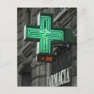 Carte Postale Neon Green cross en dehors de Farmacia (pharmacie 