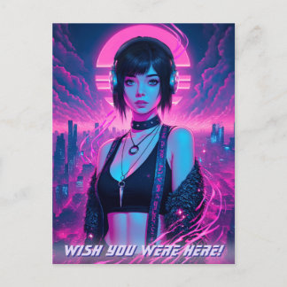 Carte Postale Neon Retro Cyber Punk Rock Girl
