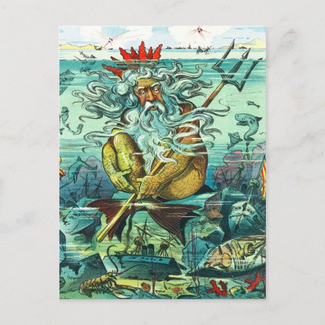 Carte Postale Neptune assise au milieu d'épaves englouties (Devant)