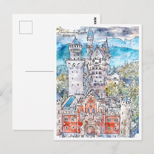 Carte Postale Neuschwastein Castle Allemagne Travel Aquarelle (Devant / Derrière)