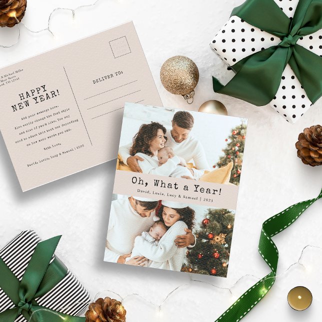 Carte postale Neutral Photo Holiday (Oh, What a Year Christmas Holiday Tan and Black Postcard)
