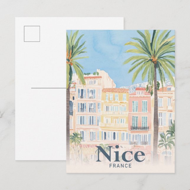 Carte Postale Nice France Aquarelle Peinture Voyage (Devant / Derrière)