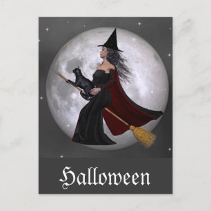 Carte Postale Night Ride :: Sorcière & Son Chat Riding dans la n