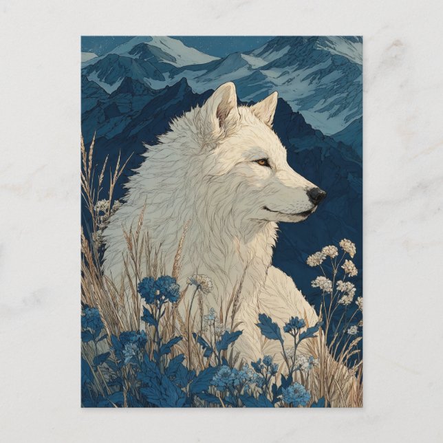 Carte Postale Noble White Wolf in Midnight Mountain Range (Devant)