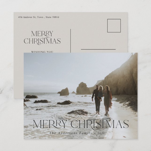 Carte Postale Noël 1 photo typographie moderne gris élégant (Devant / Derrière)