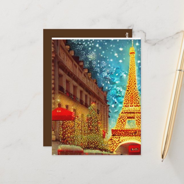Carte Postale Noël à Paris, tour des elfes (Devant/Arrière en situation)