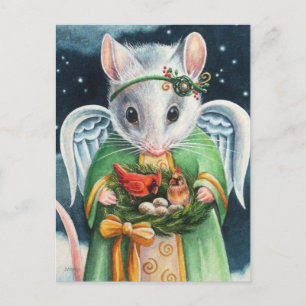 Carte Postale Noël Angel Souris & Cardinaux Aquarelle Art