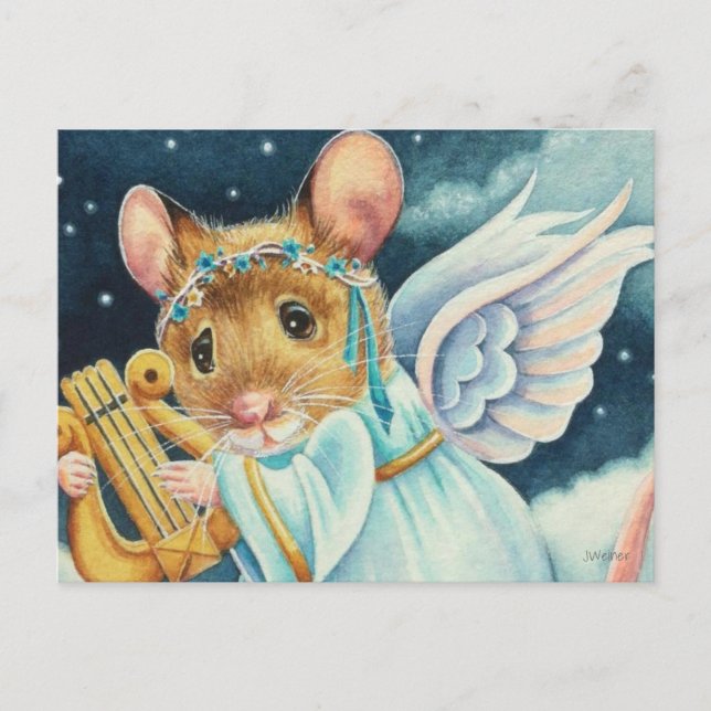Carte Postale Noël Angel Souris Jouer Lyre Aquarelle Art (Devant)