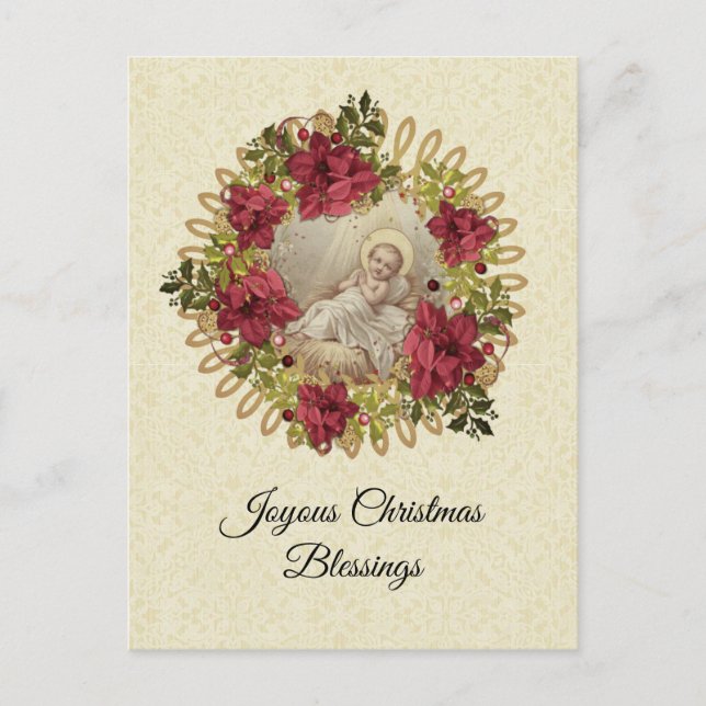 Carte Postale Noël Bébé Jésus en Manger Floral Pointsettia (Devant)