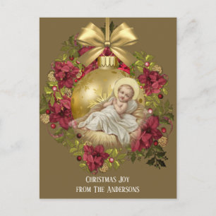 Carte Postale Noël Bébé Jésus en Manger Ornement Floral