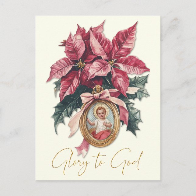 Carte Postale Noël Bébé Jésus Rouge Poinsettias (Devant)