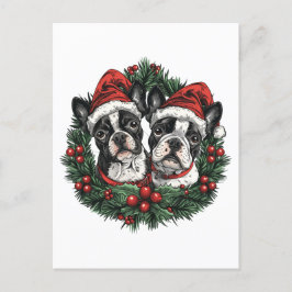 Carte Postale Noël Boston Terrier Chiens de vacances Wreath