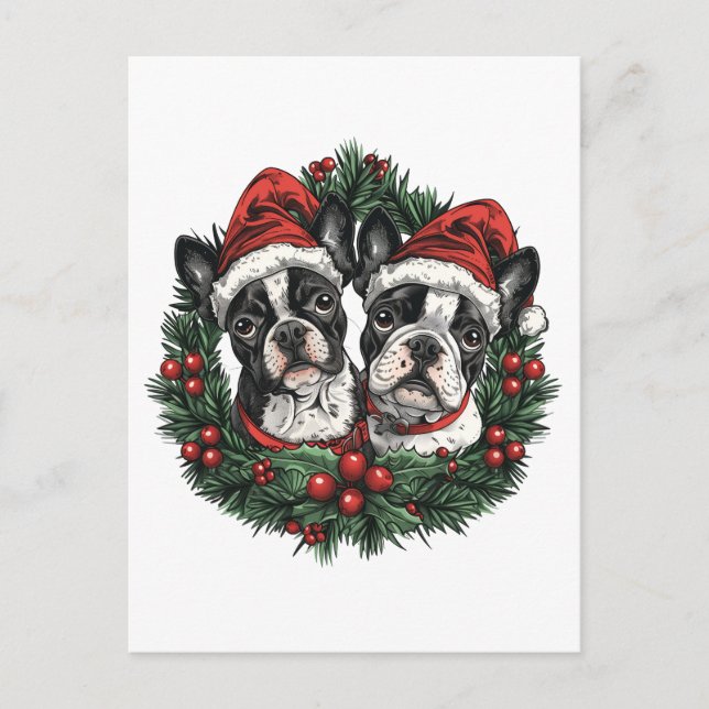 Carte Postale Noël Boston Terrier Chiens de vacances Wreath (Devant)