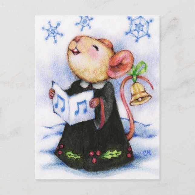 Carte postale Noël Caroling Mouse mignonne Holiday (Devant)