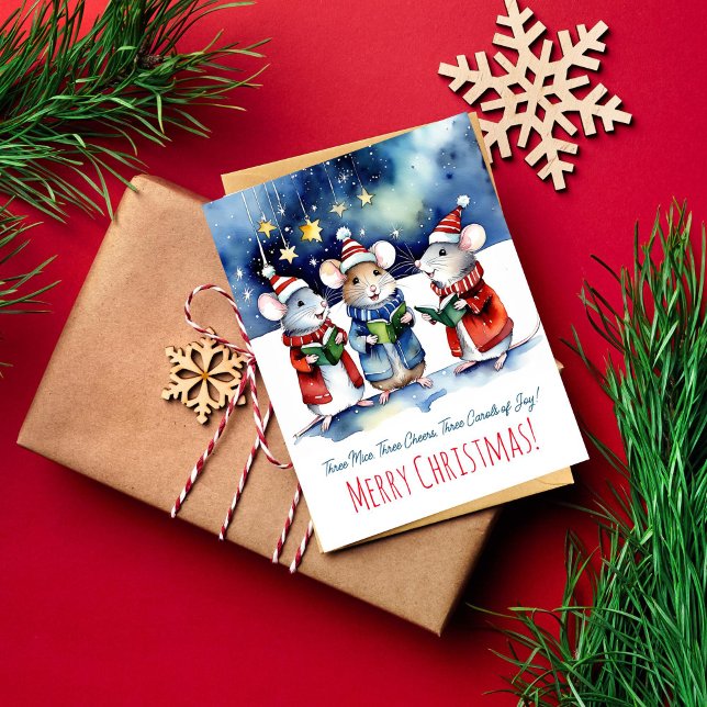 Carte Postale Noël carols souris chantant aquarelle mignonne (Mice singing Christmas carols starry night watercolor Merry Christmas greetings postcard)