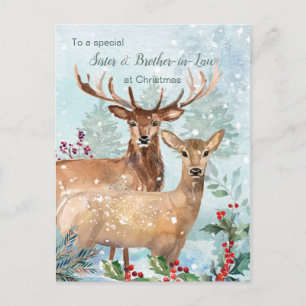 Carte postale Noël, cerf, soeur et frère en droit