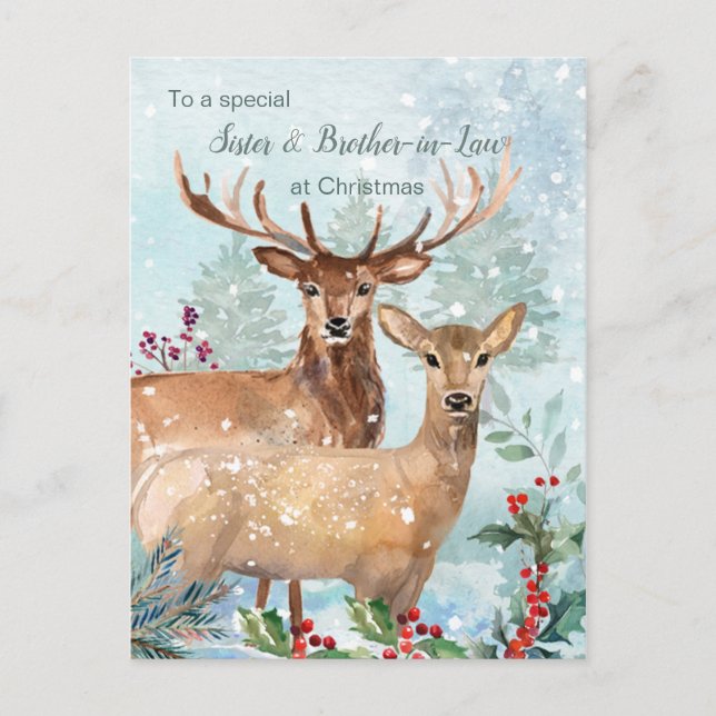 Carte postale Noël, cerf, soeur et frère en droit (Devant)