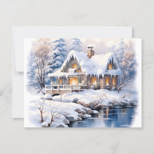 Carte Postale Noël Cottagecore Hiver Cottage Aquarelle